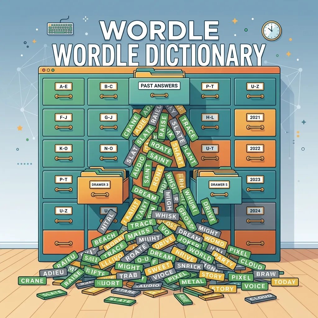 Vector illustration of Wordle Dictionary filing cabinet with past answers