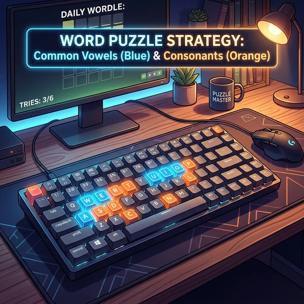Stylized keyboard with the most common vowels and consonants glowing