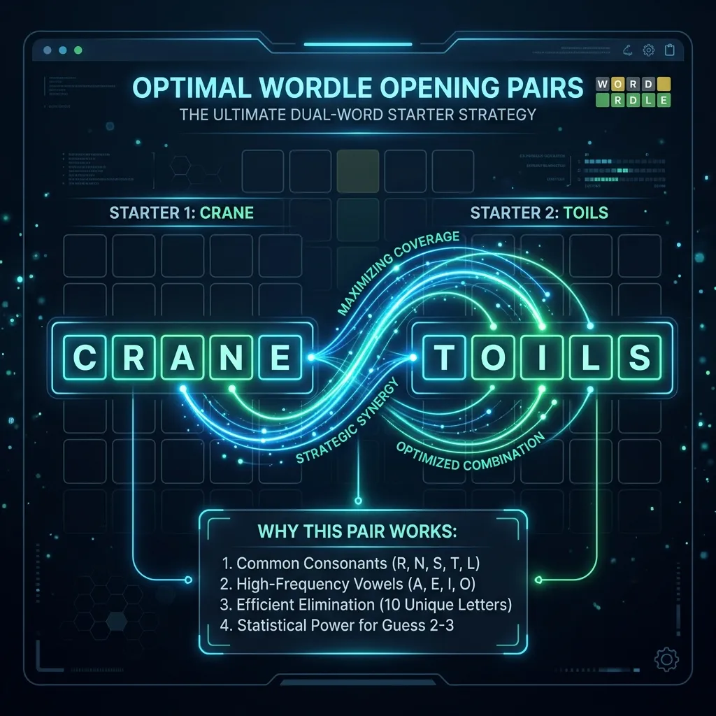 Graphic showing CRANE and TOILS connecting as optimal Wordle opening pairs
