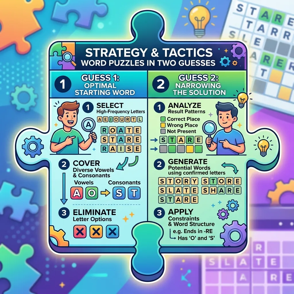 Infographic puzzle piece showing strategy and tactics for solving word puzzles